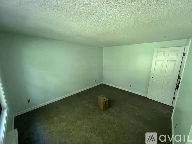 A room with a white door and a box on the floor.