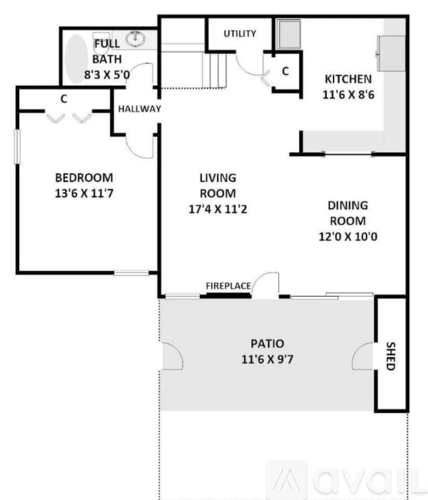A floor plan of a house with a living room, dining room, bedroom, kitchen, bathroom and hallway.