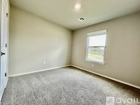A room with a carpeted floor and a window showing a building outside.