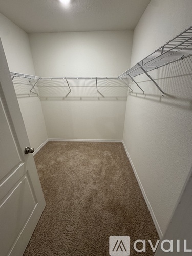 A carpeted hallway with a door on the left and a rack on the right.