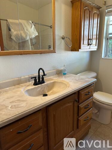 A bathroom with a sink, toilet, and a mirror.