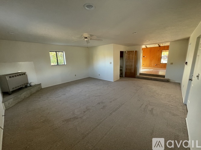 A spacious room with a carpeted floor and a ceiling fan.