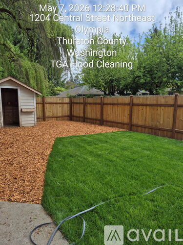 A backyard with a wooden fence and a shed.