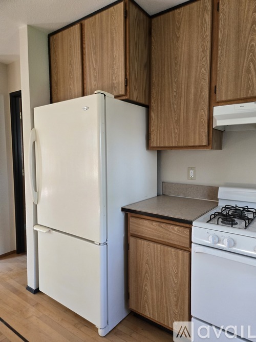 A white refrigerator and stove in a kitchen with wooden cabinets.