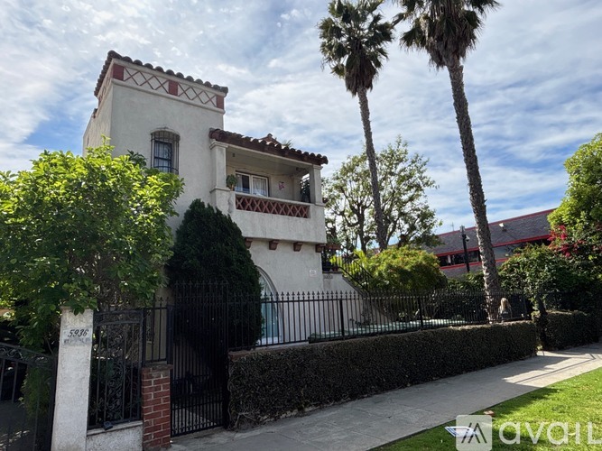 A house with a black gate and a palm tree in front.