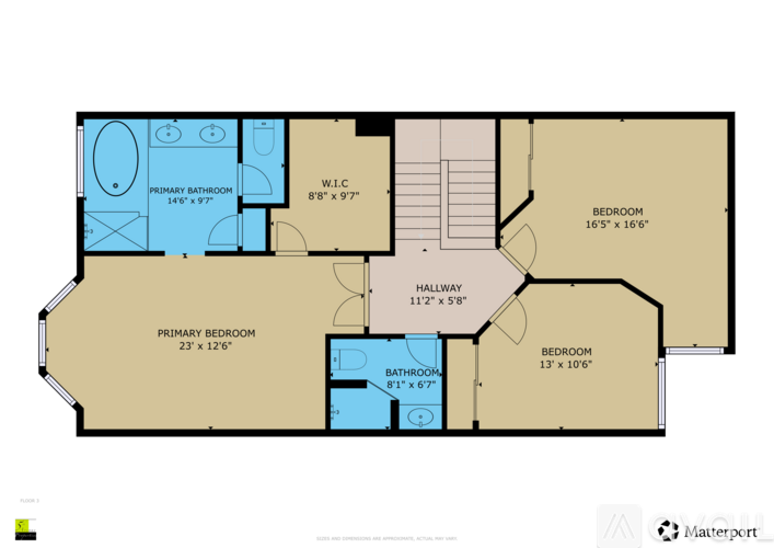 A floor plan of a home with a primary bedroom, bathroom, and hallway.
