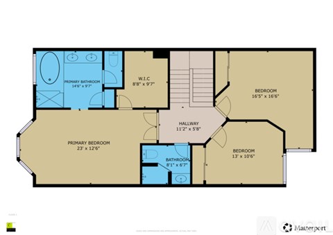 A floor plan of a home with a primary bedroom, bathroom, and hallway.