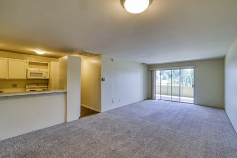 A spacious room with a carpeted floor and a sliding glass door leading to a balcony.