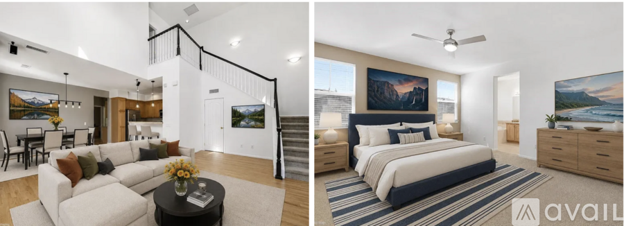 A modern bedroom with a large bed and a living room with a sofa.