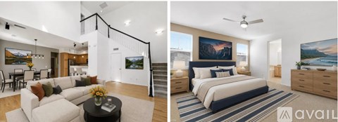 A modern bedroom with a large bed and a living room with a sofa.