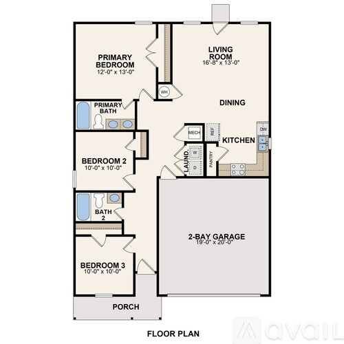 A floor plan of a house with a living room, two bedrooms, a garage, and a porch.