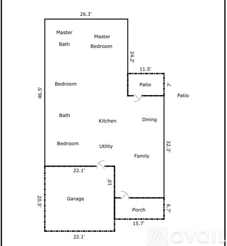A floor plan of a house with a master bedroom, a garage, and a porch.