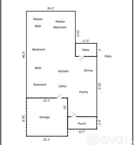 A floor plan of a house with a master bedroom, a garage, and a porch.
