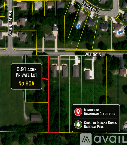 A map shows a 0.91 acre private lot with no HOA and its location in relation to Chesterton and Indiana Dunes National Park.