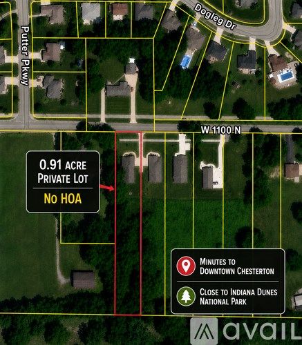 A map shows a 0.91 acre private lot with no HOA and its location in relation to Chesterton and Indiana Dunes National Park.