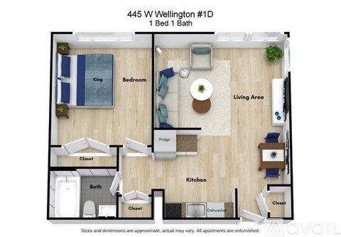 A floor plan of a one bedroom apartment with a living area, kitchen, and bathroom.