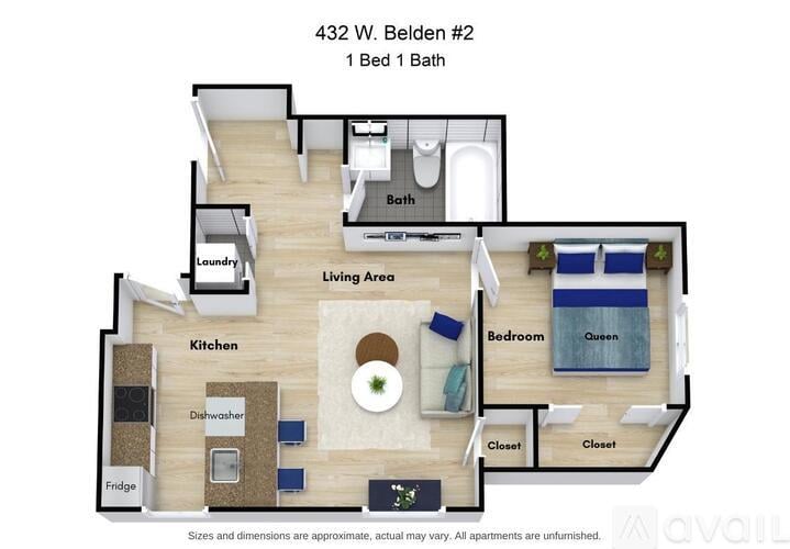 A floor plan of a 1 bedroom apartment with a bathroom, kitchen, and living area.
