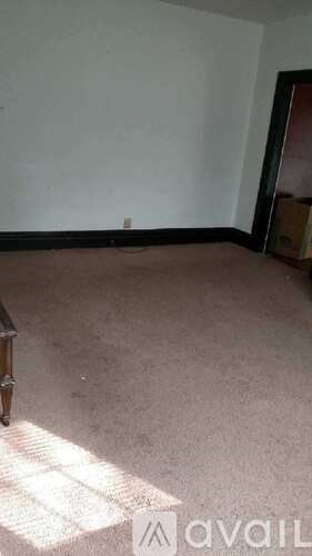 A room with a carpeted floor and a white wall.