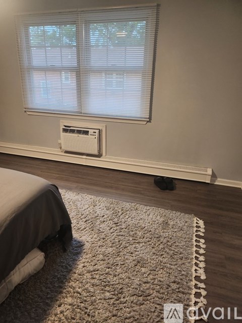 A bedroom with a bed, window, and a rug.