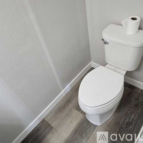 A white toilet with a roll of toilet paper on top.