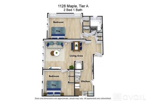 A floor plan of a 2 Bed 1 Bath apartment at 1128 Maple, Tier A.