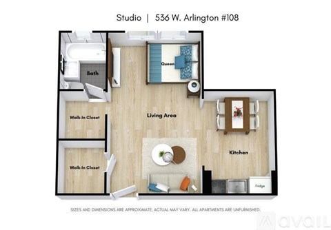 A floor plan of a studio apartment at 536 W. Arlington #108.