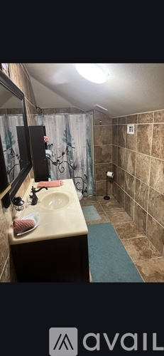 A bathroom with a sink, mirror, and shower curtain.