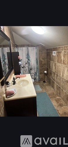 A bathroom with a sink, mirror, and shower curtain.