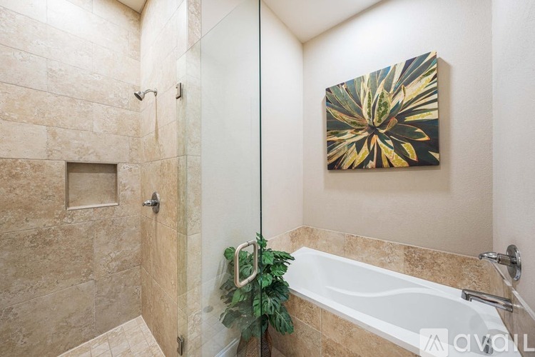 A bathroom with a tiled shower and a plant in a white pot.