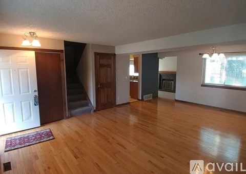 A living room with a white door and a brown rug.