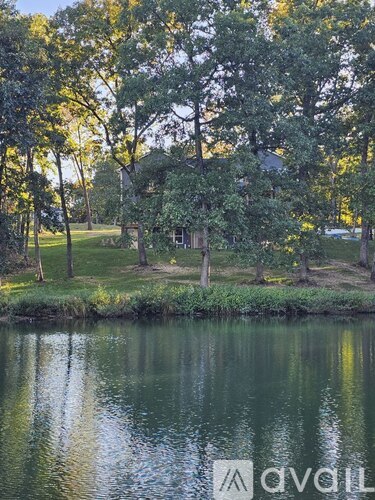 A calm body of water surrounded by trees.