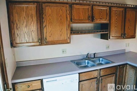 A kitchen with wooden cabinets and a white dishwasher.