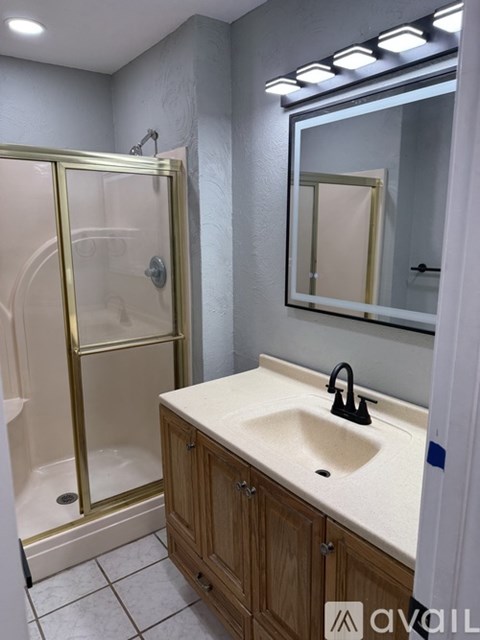 A bathroom with a sink, mirror, and shower.