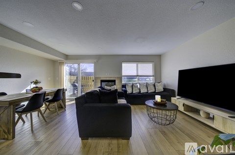 A living room with a black couch and a television.