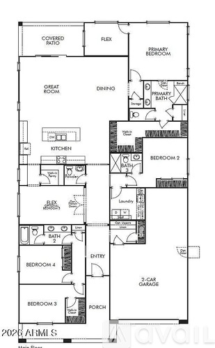 A floor plan of a house with labeled rooms such as a kitchen, living room, and multiple bedrooms.