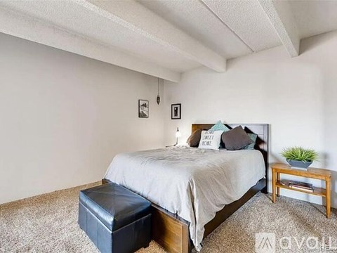 A bedroom with a bed, nightstand, and a plant.