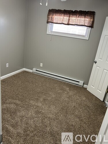 A room with a carpeted floor, a window with a brown curtain, and a white door.