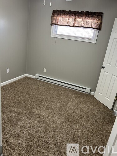 A room with a carpeted floor, a window with a brown curtain, and a white door.