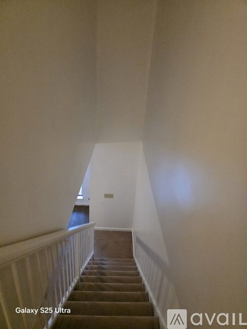 A staircase with a carpeted runner and white balustrade.
