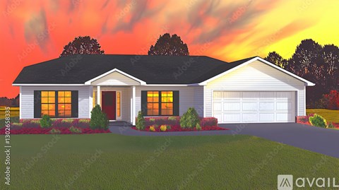 A house with a front yard and a garage.