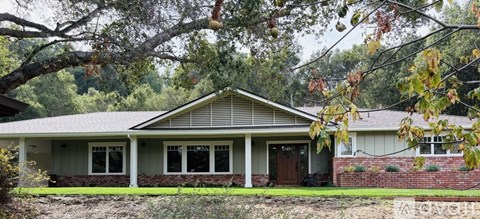 A house with a brown door and windows is surrounded by trees.