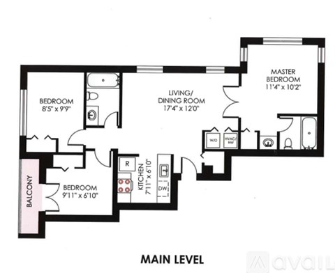 A black and white image of a floor plan for a main level apartment.
