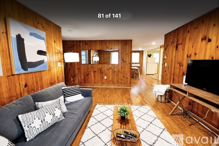 A living room with a grey couch and a wooden wall.
