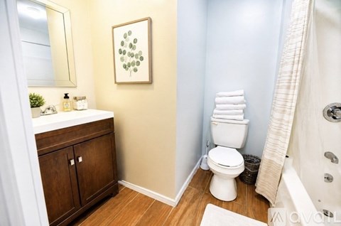 A bathroom with a toilet, sink, and a picture on the wall.
