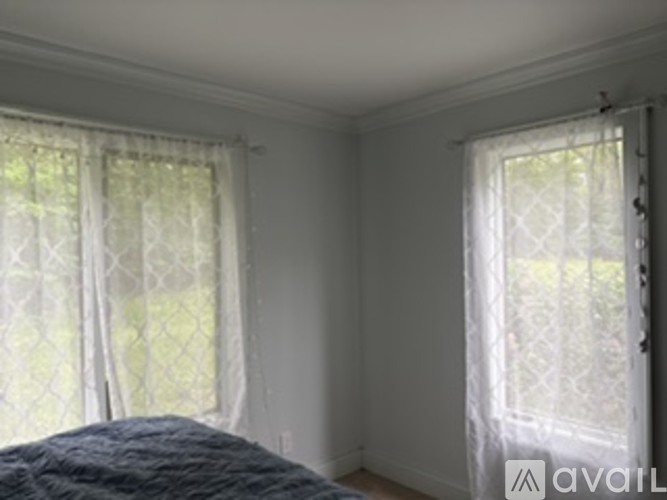 A bedroom with a bed and two windows with curtains.