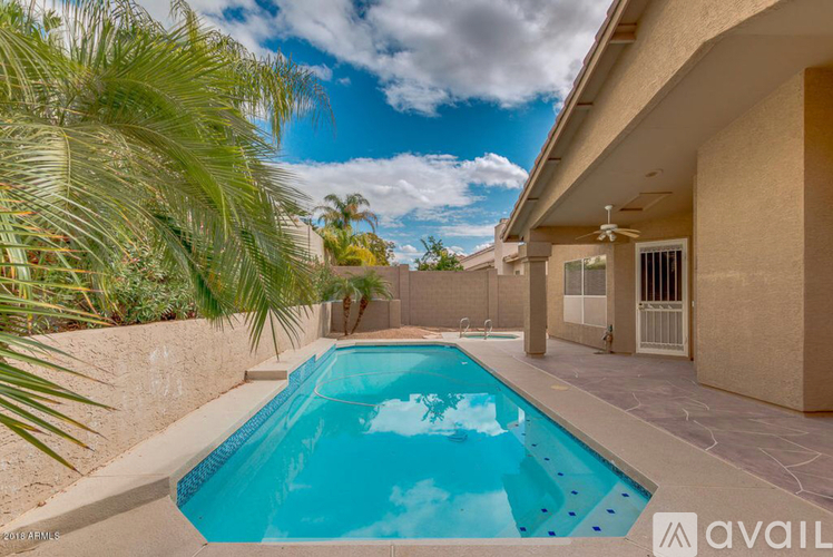 A pool in a backyard with a patio and a wall.