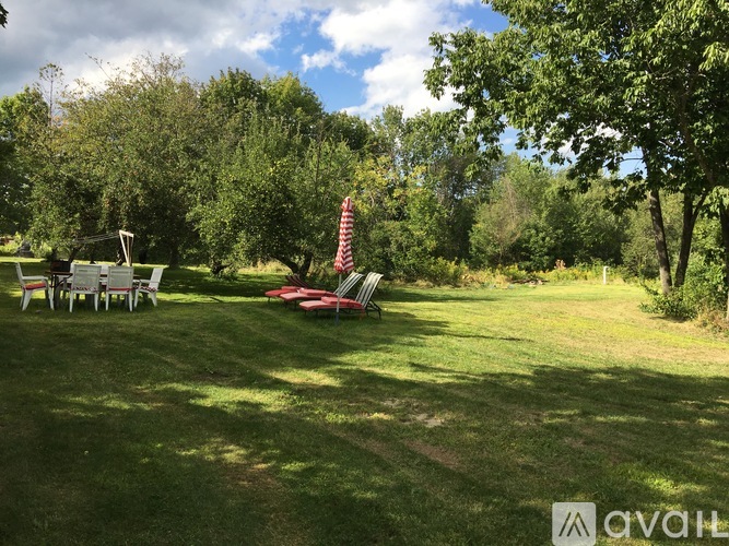 A red and white striped pole stands in a grassy yard.