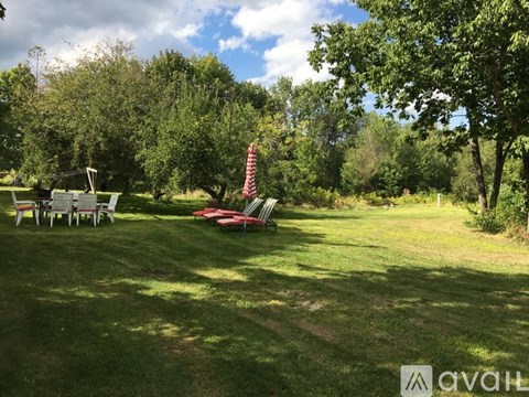A red and white striped pole stands in a grassy yard.