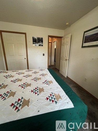 A bedroom with a bed covered in a quilt with star patterns on it.