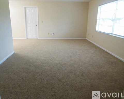 A room with a carpeted floor, a door, and a window.